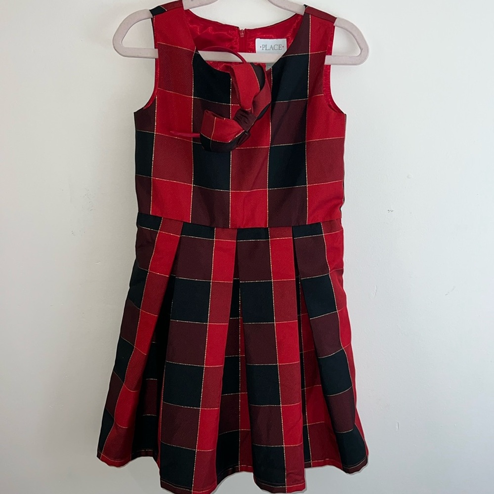 Place plaid holiday dress with matching headband